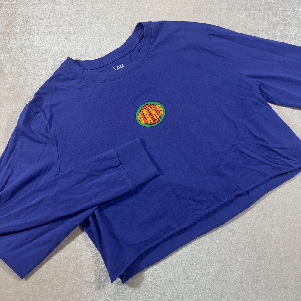 Vans Womens Small Cropped Long Sleeve Graphic T Shirt Blue Skate Casual Retro